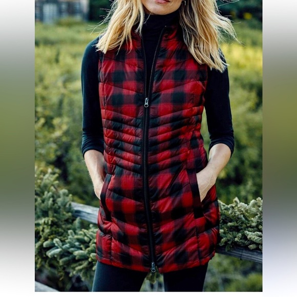 NWT J Jill Great True Red Twill Plaid Down Side-Zip Long Down Vest, size Med - Picture 1 of 5
